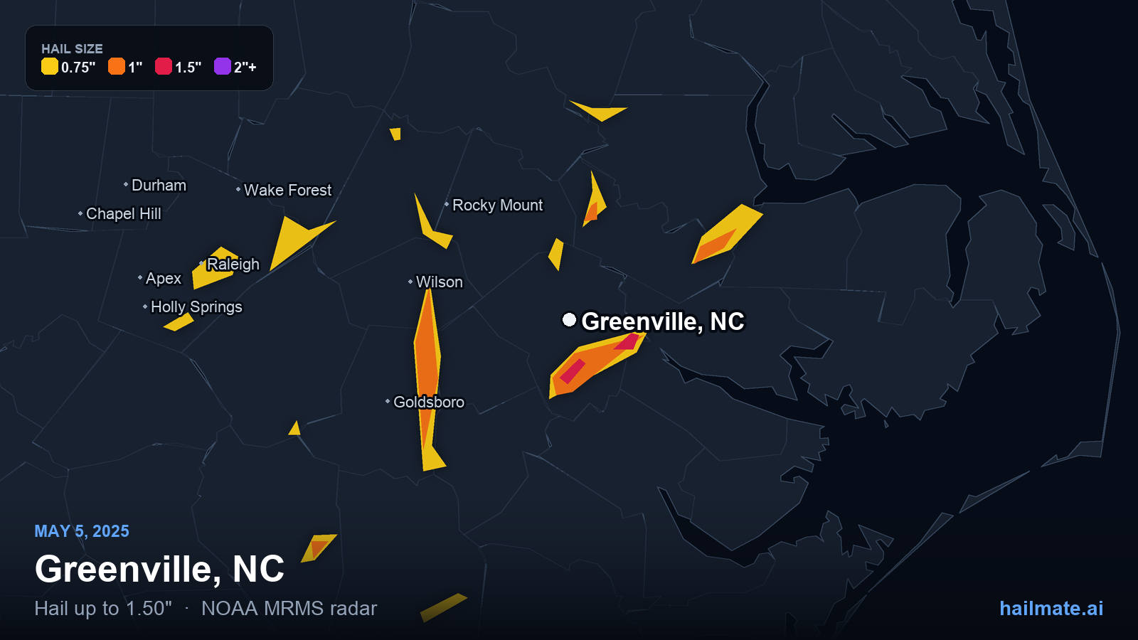 Hail swath map for Greenville, NC on May 5, 2025 showing 1.50 inch hail.