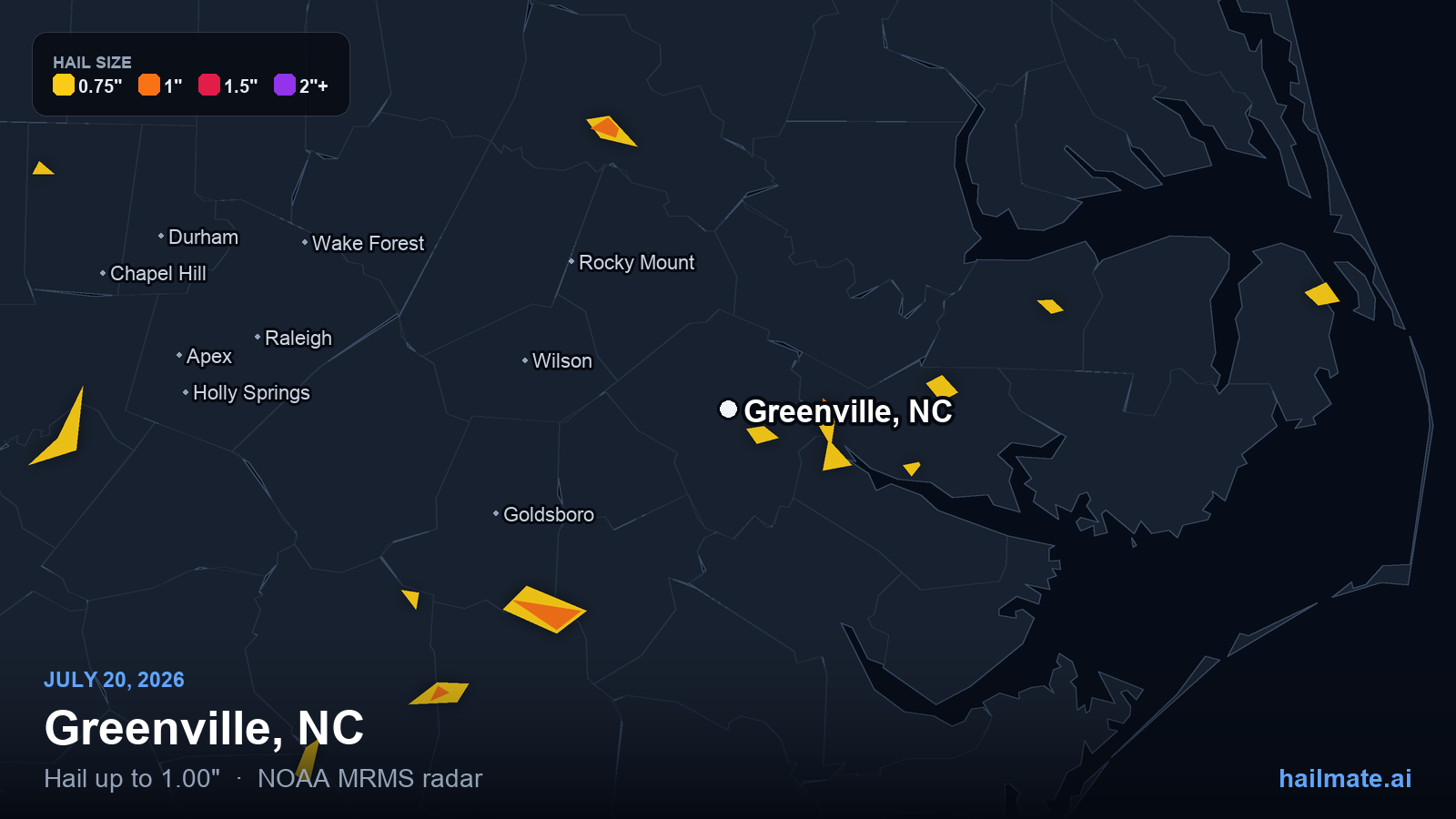 Hail swath map for Greenville, NC on July 20, 2026 showing 1.00 inch hail.