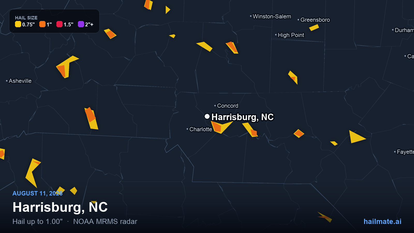 Hail swath map for Harrisburg, NC on August 11, 2026 showing 1.00 inch hail.