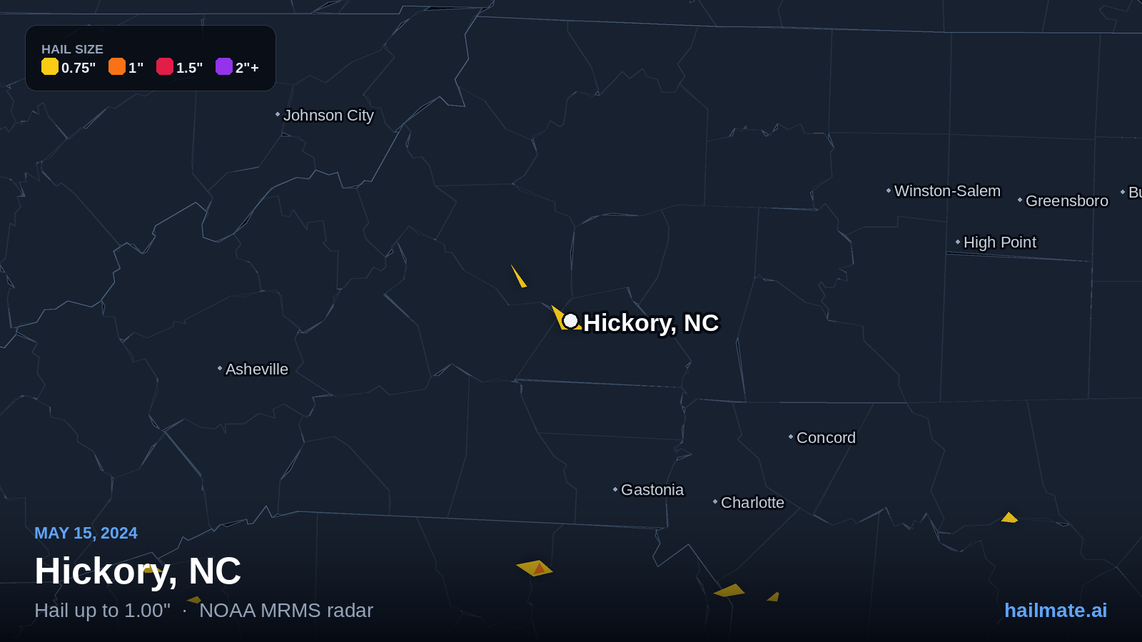 Hail swath map for Hickory, NC on May 15, 2024 showing 1.00 inch hail.