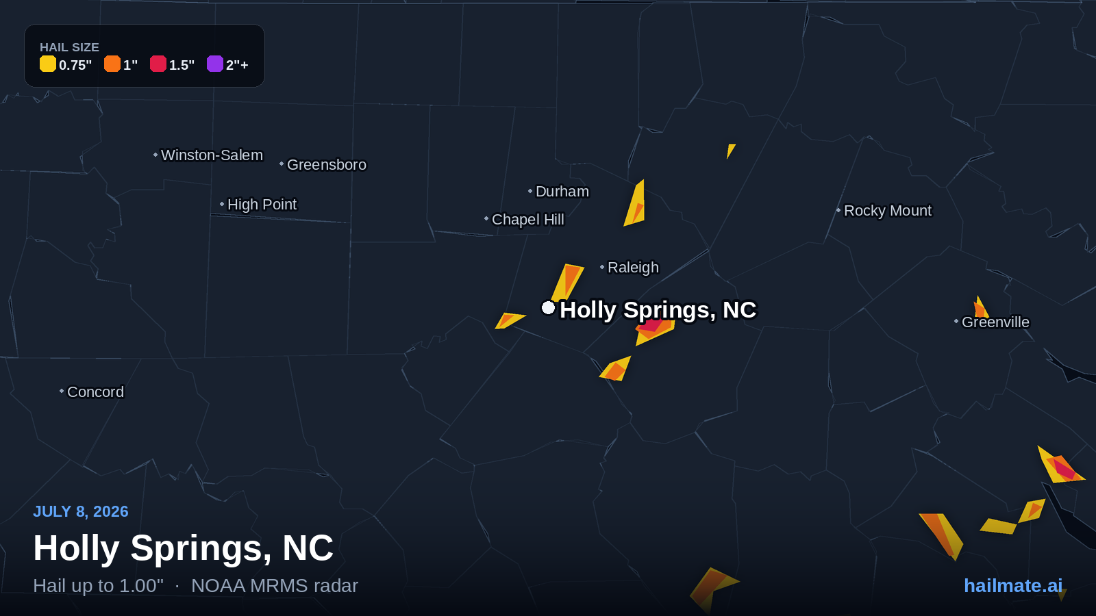 Hail swath map for Holly Springs, NC on July 8, 2026 showing 1.00 inch hail.