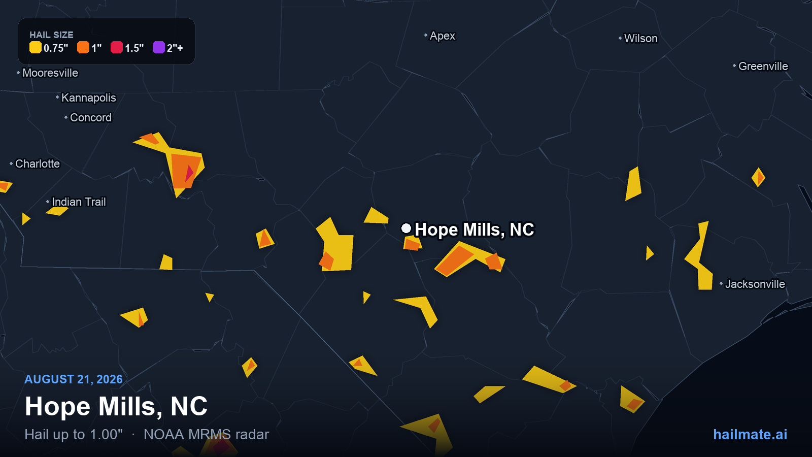 Hail swath map for Hope Mills, NC on August 21, 2026 showing 1.00 inch hail.