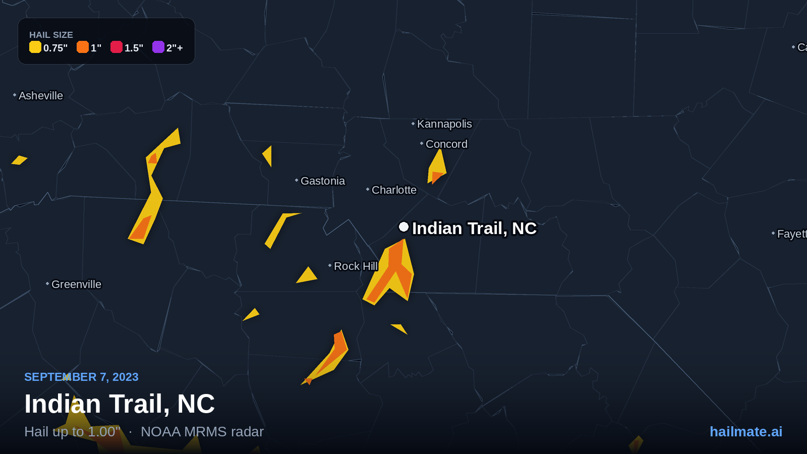 Hail swath map for Indian Trail, NC on September 7, 2023 showing 1.00 inch hail.