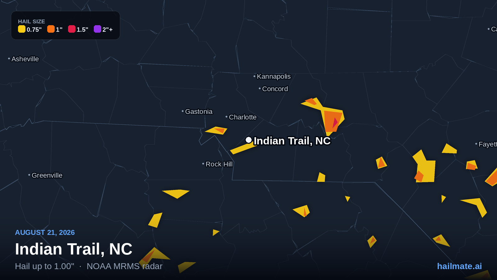 Hail swath map for Indian Trail, NC on August 21, 2026 showing 1.00 inch hail.