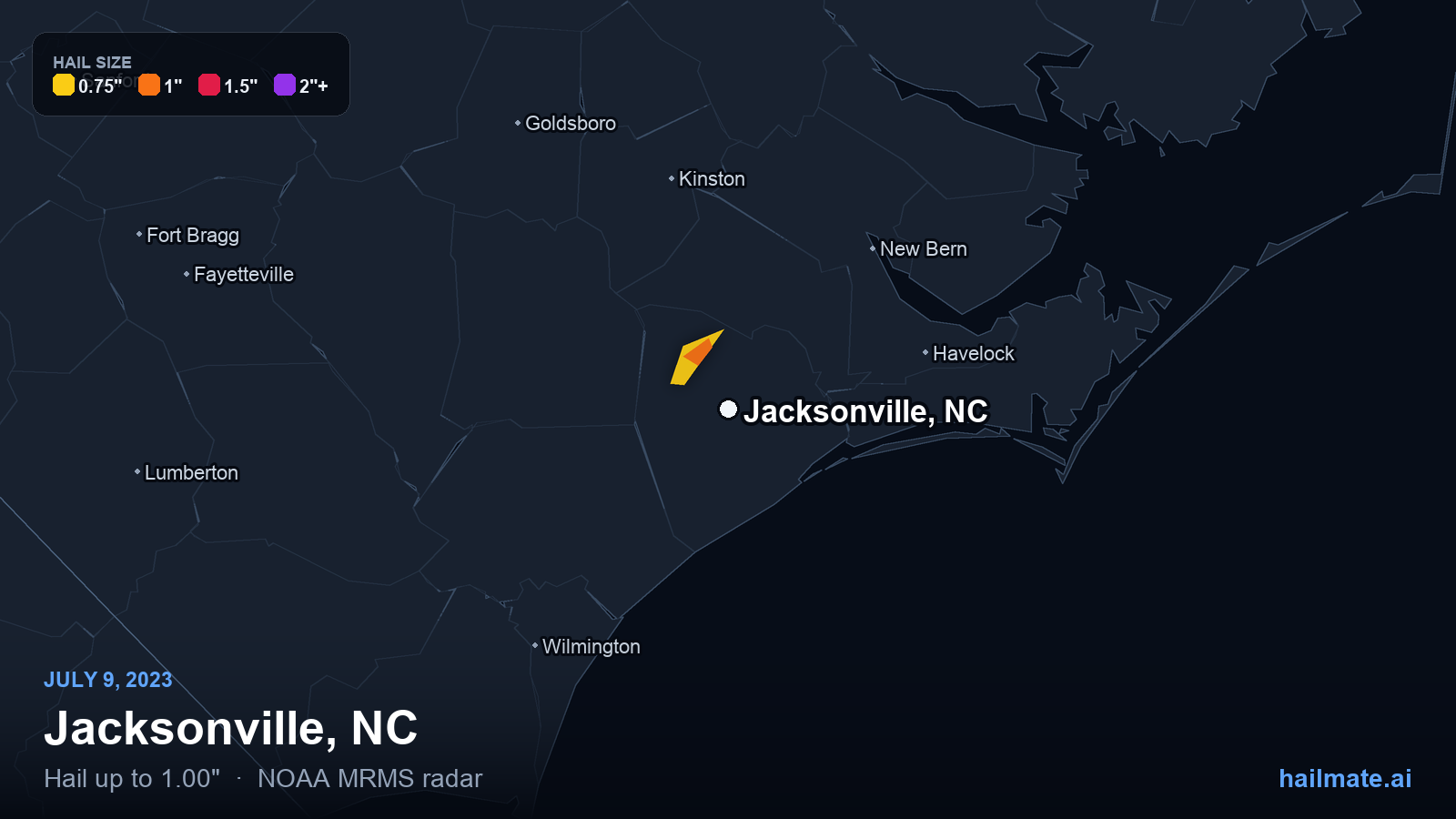 Hail swath map for Jacksonville, NC on July 9, 2023 showing 1.00 inch hail.