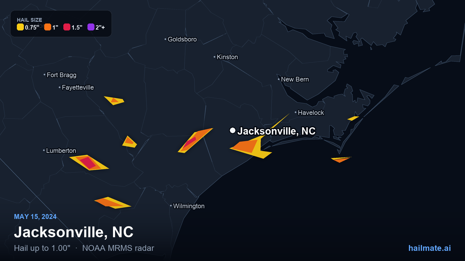 Hail swath map for Jacksonville, NC on May 15, 2024 showing 1.00 inch hail.