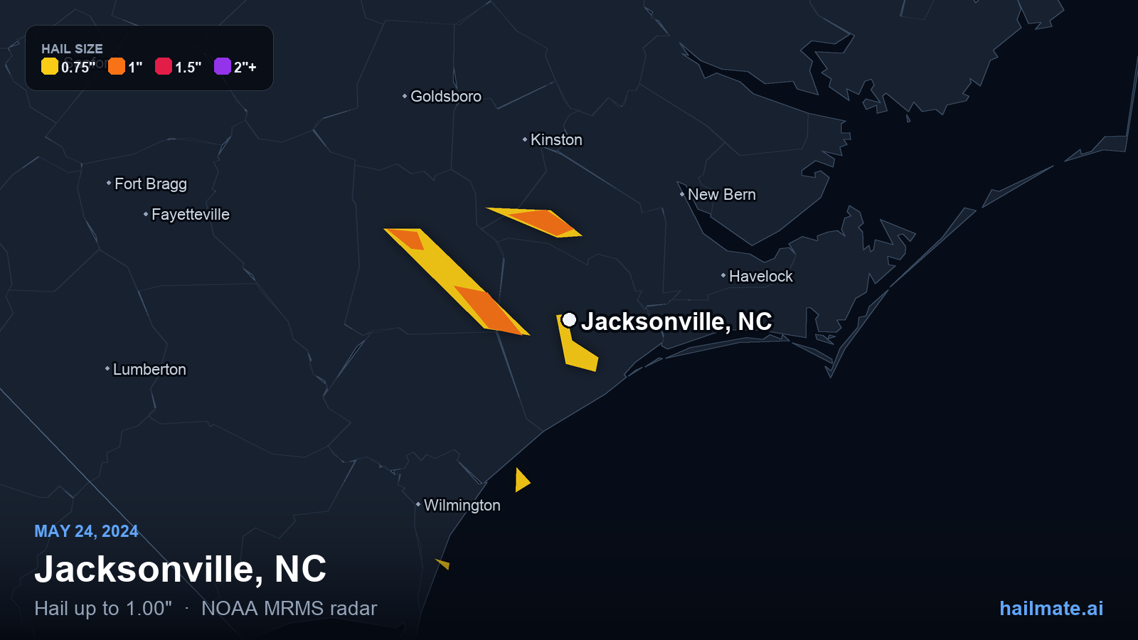 Hail swath map for Jacksonville, NC on May 24, 2024 showing 1.00 inch hail.