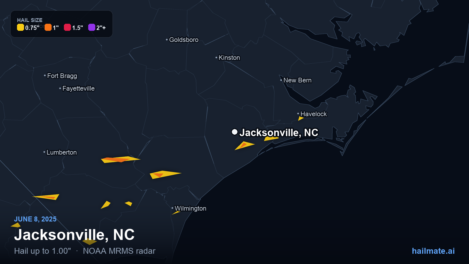 Hail swath map for Jacksonville, NC on June 8, 2025 showing 1.00 inch hail.