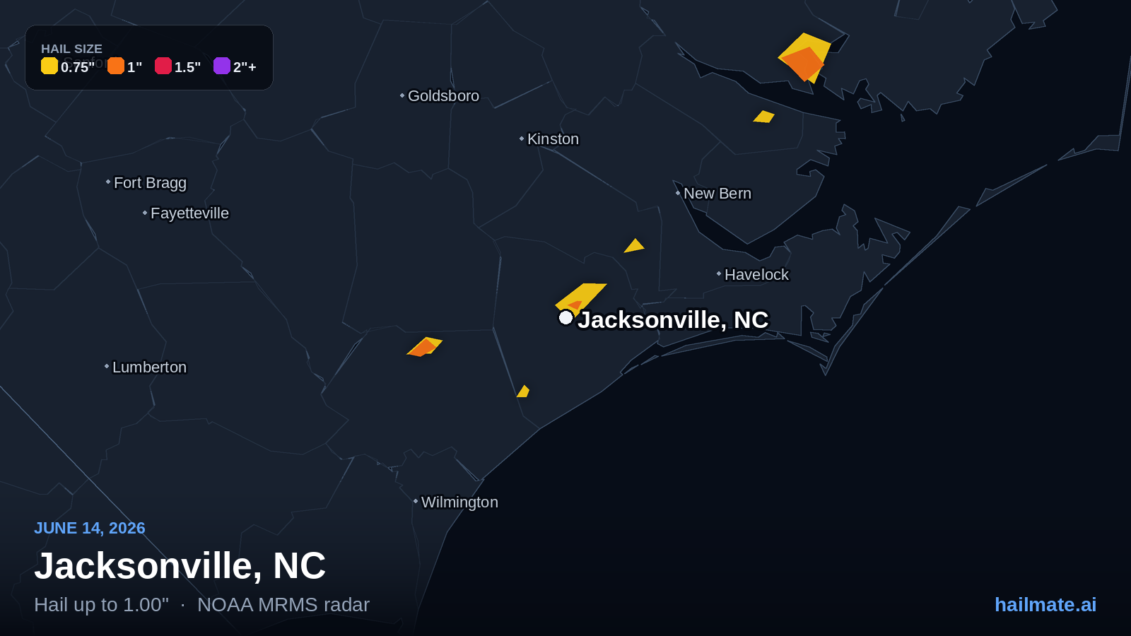 Hail swath map for Jacksonville, NC on June 14, 2026 showing 1.00 inch hail.