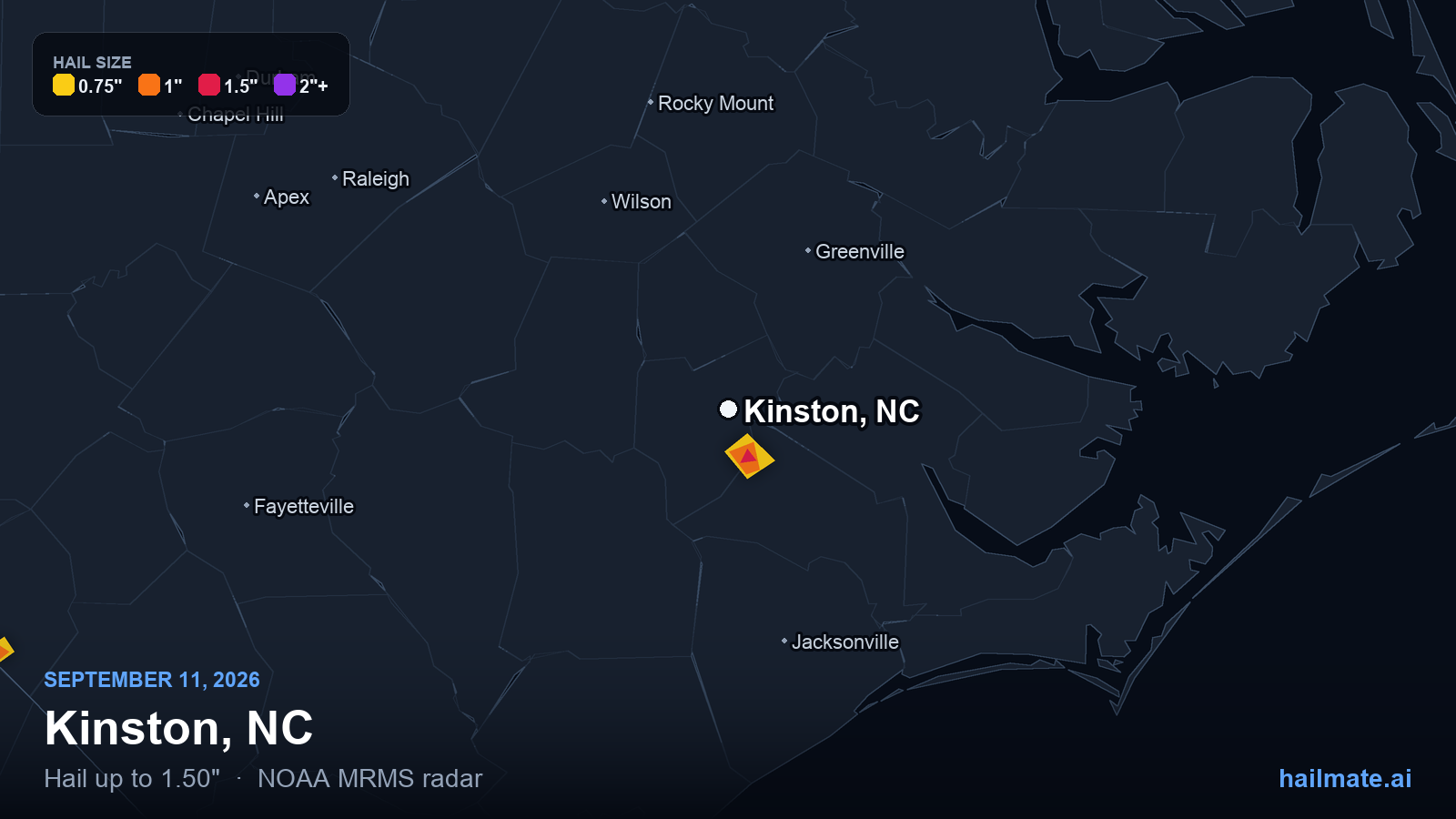 Hail swath map for Kinston, NC on September 11, 2026 showing 1.50 inch hail.