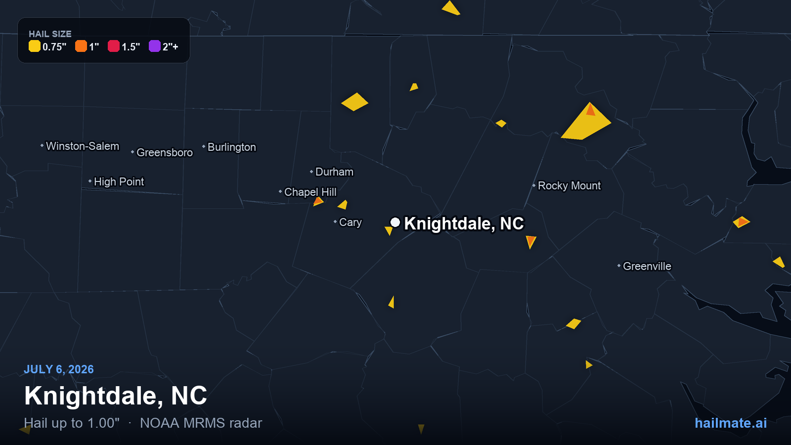 Hail swath map for Knightdale, NC on July 6, 2026 showing 1.00 inch hail.