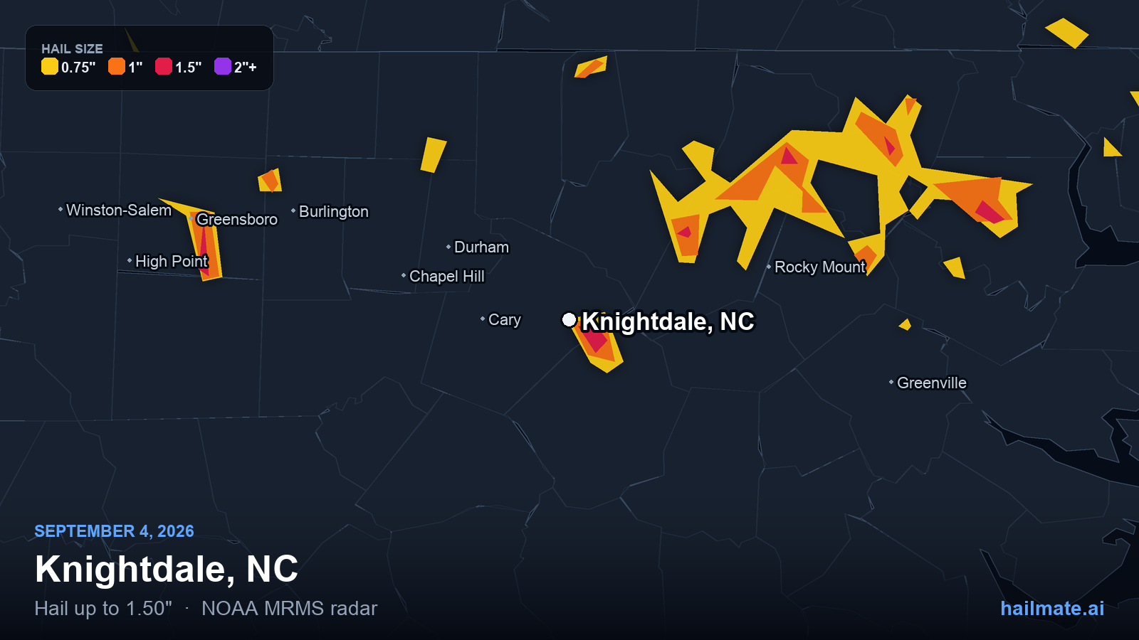 Hail swath map for Knightdale, NC on September 4, 2026 showing 1.50 inch hail.