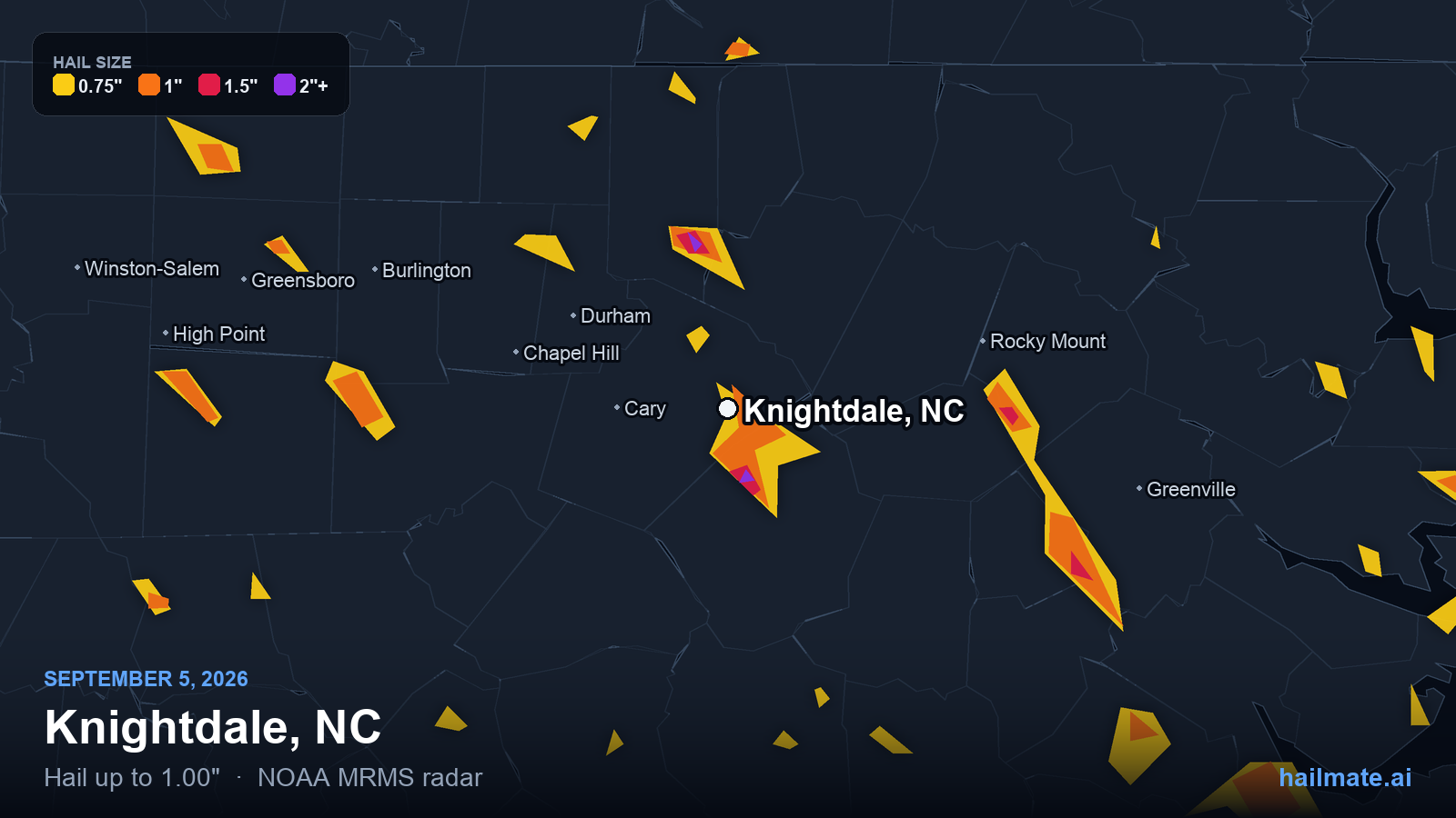 Hail swath map for Knightdale, NC on September 5, 2026 showing 1.00 inch hail.