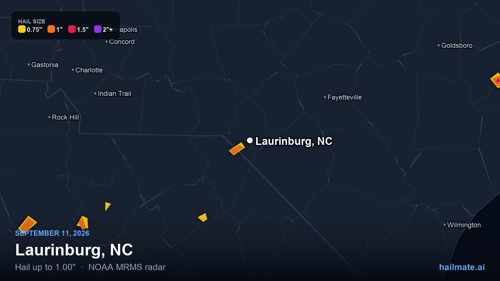 Hail swath map for Laurinburg, NC on September 11, 2026 showing 1.00 inch hail.