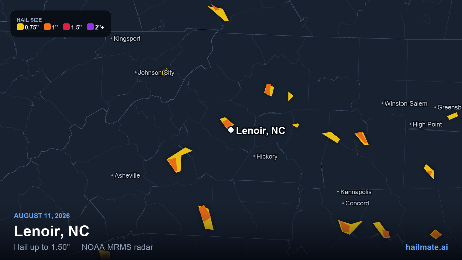 Hail swath map for Lenoir, NC on August 11, 2026 showing 1.50 inch hail.