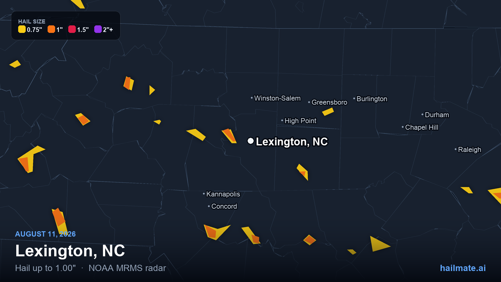 Hail swath map for Lexington, NC on August 11, 2026 showing 1.00 inch hail.