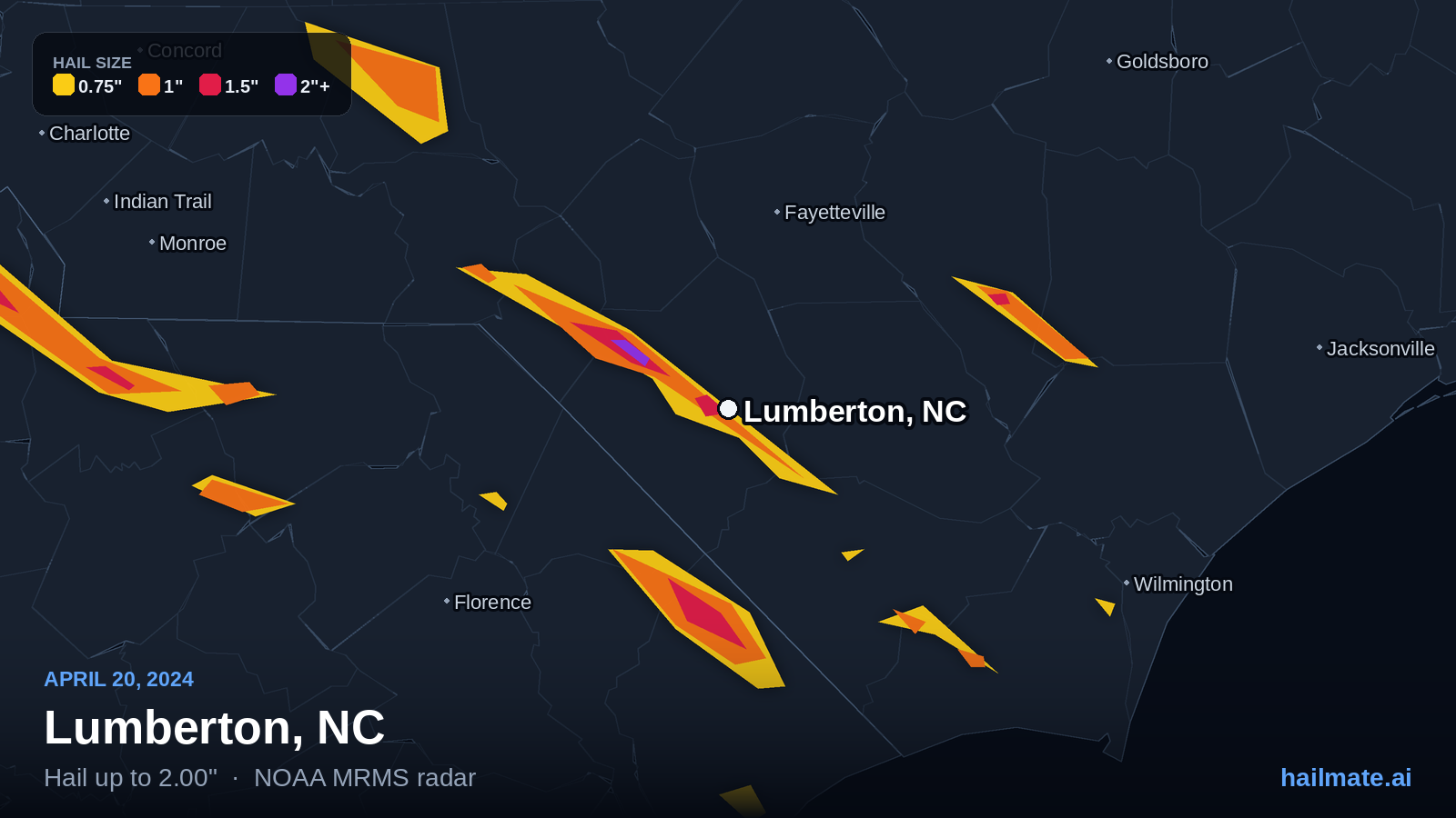 Hail swath map for Lumberton, NC on April 20, 2024 showing 2.00 inch hail.