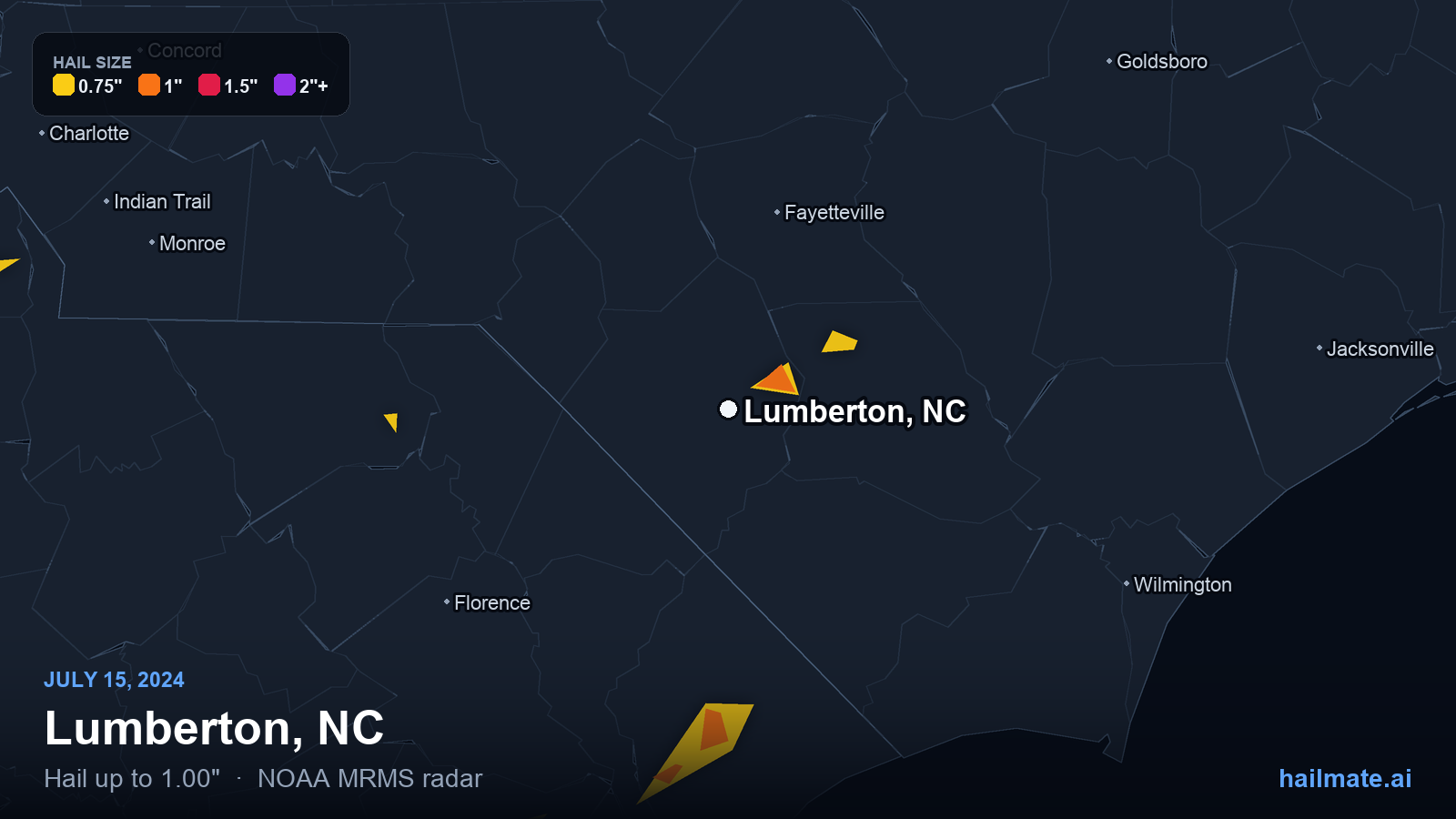 Hail swath map for Lumberton, NC on July 15, 2024 showing 1.00 inch hail.
