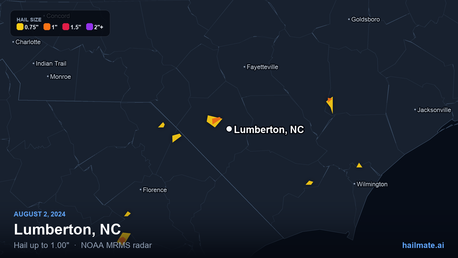 Hail swath map for Lumberton, NC on August 2, 2024 showing 1.00 inch hail.