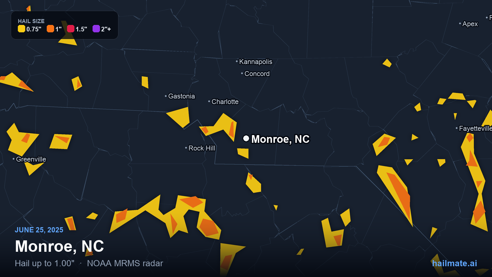 Hail swath map for Monroe, NC on June 25, 2025 showing 1.00 inch hail.
