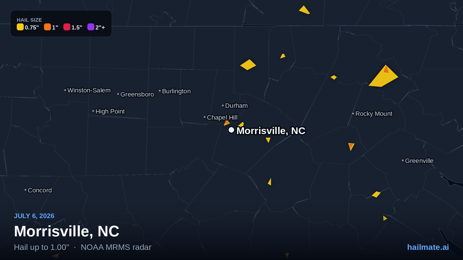 Hail swath map for Morrisville, NC on July 6, 2026 showing 1.00 inch hail.