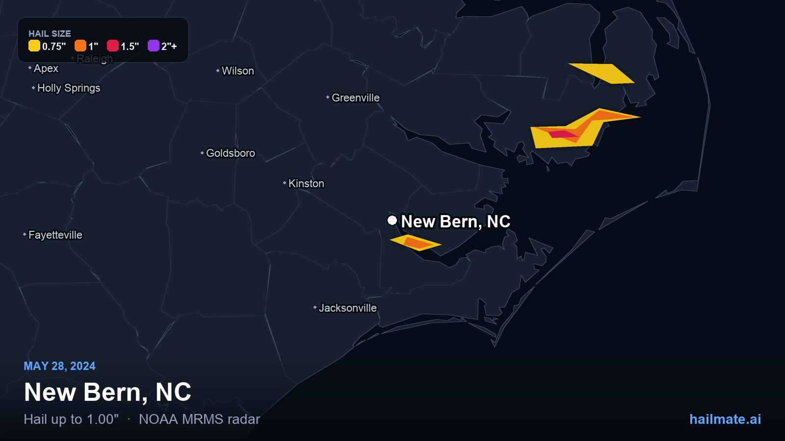 Hail swath map for New Bern, NC on May 28, 2024 showing 1.00 inch hail.