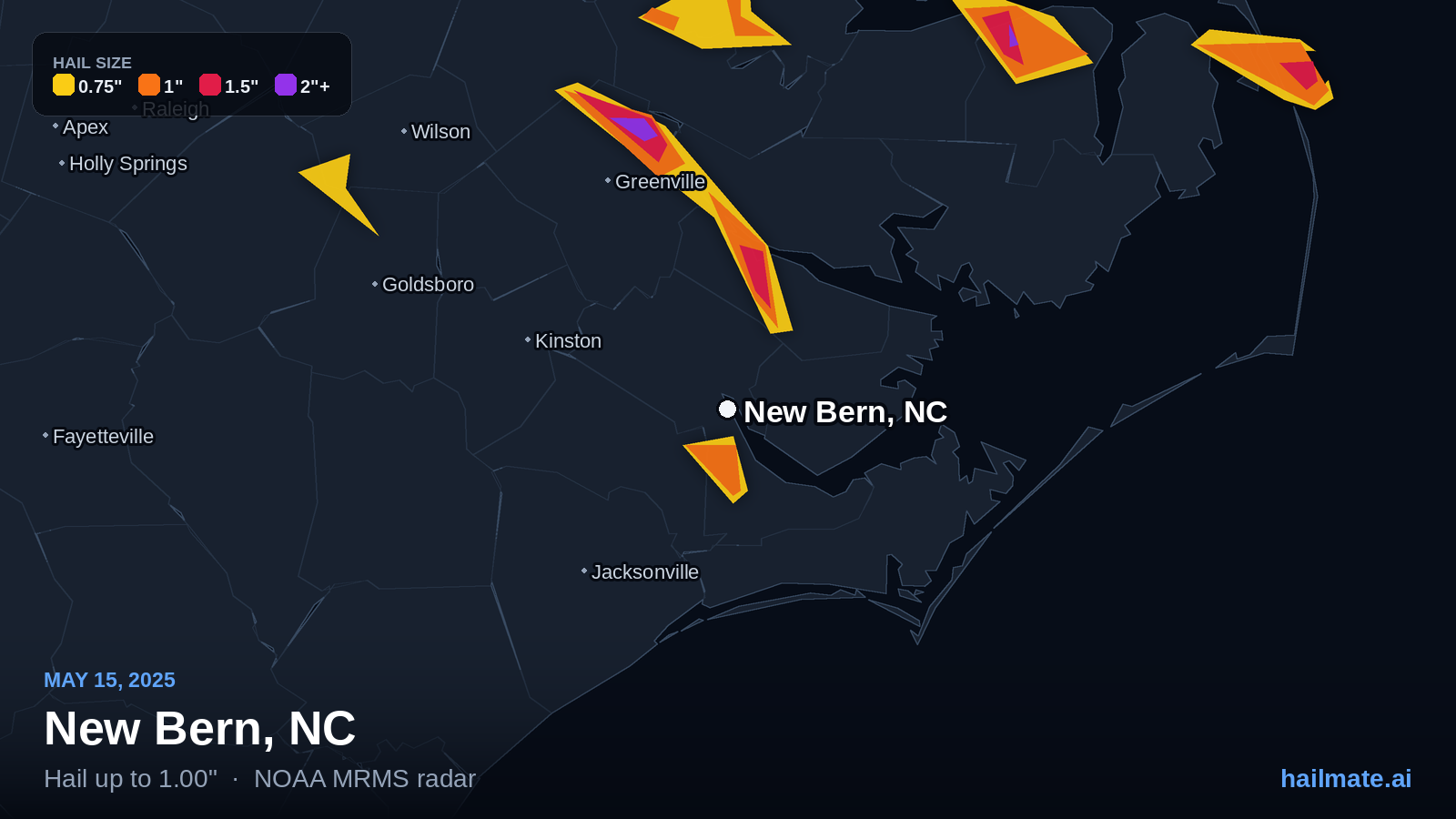 Hail swath map for New Bern, NC on May 15, 2025 showing 1.00 inch hail.