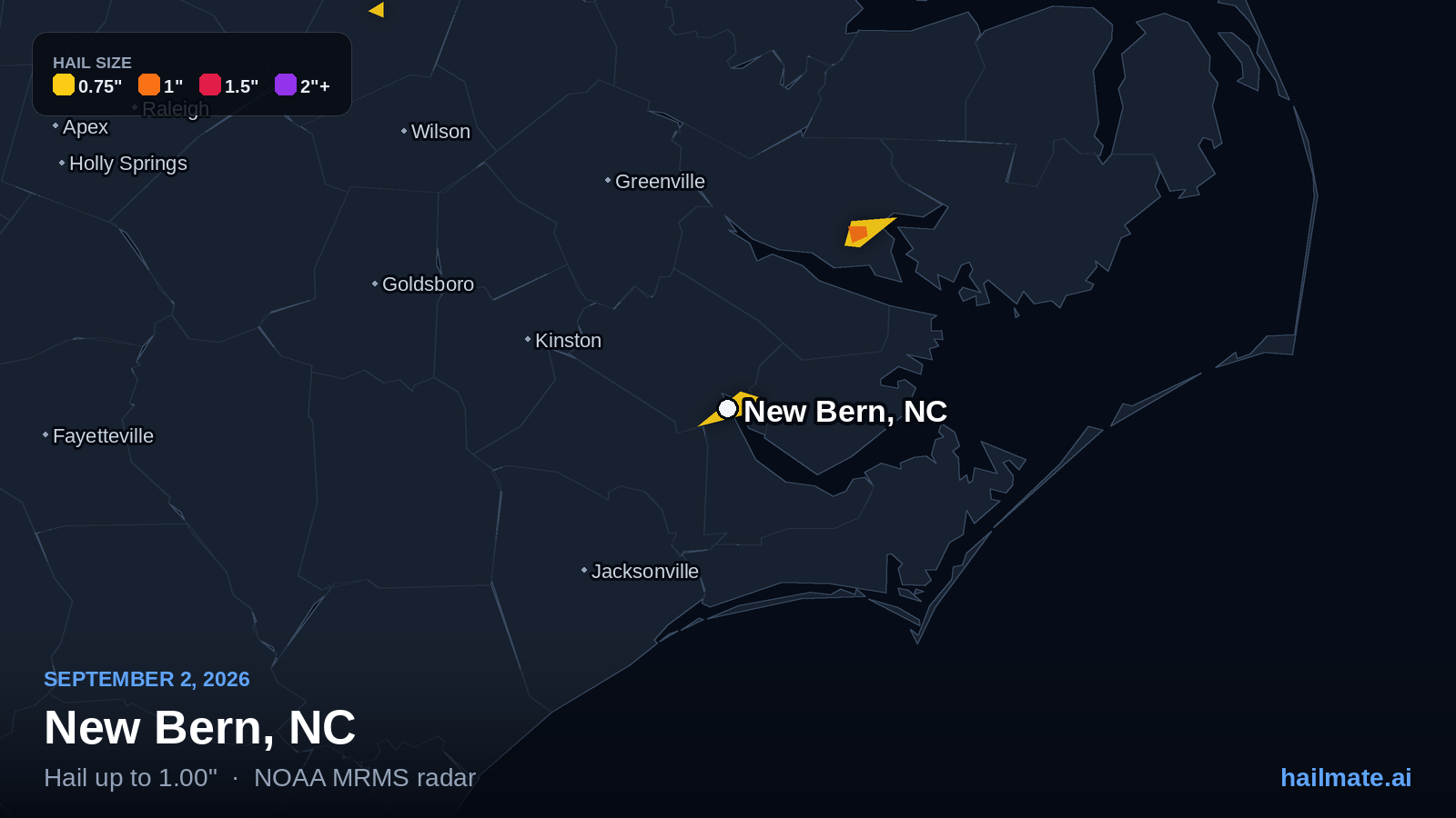 Hail swath map for New Bern, NC on September 2, 2026 showing 1.00 inch hail.