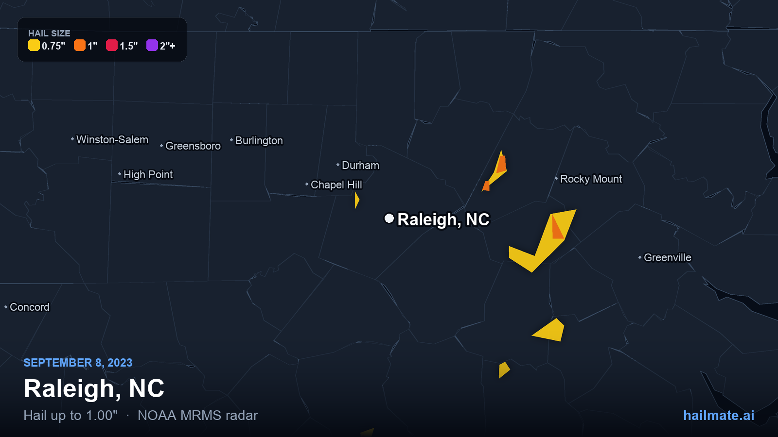Hail swath map for Raleigh, NC on September 8, 2023 showing 1.00 inch hail.