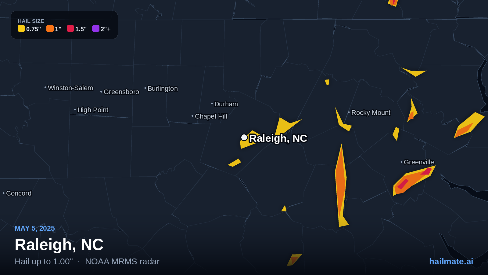 Hail swath map for Raleigh, NC on May 5, 2025 showing 1.00 inch hail.