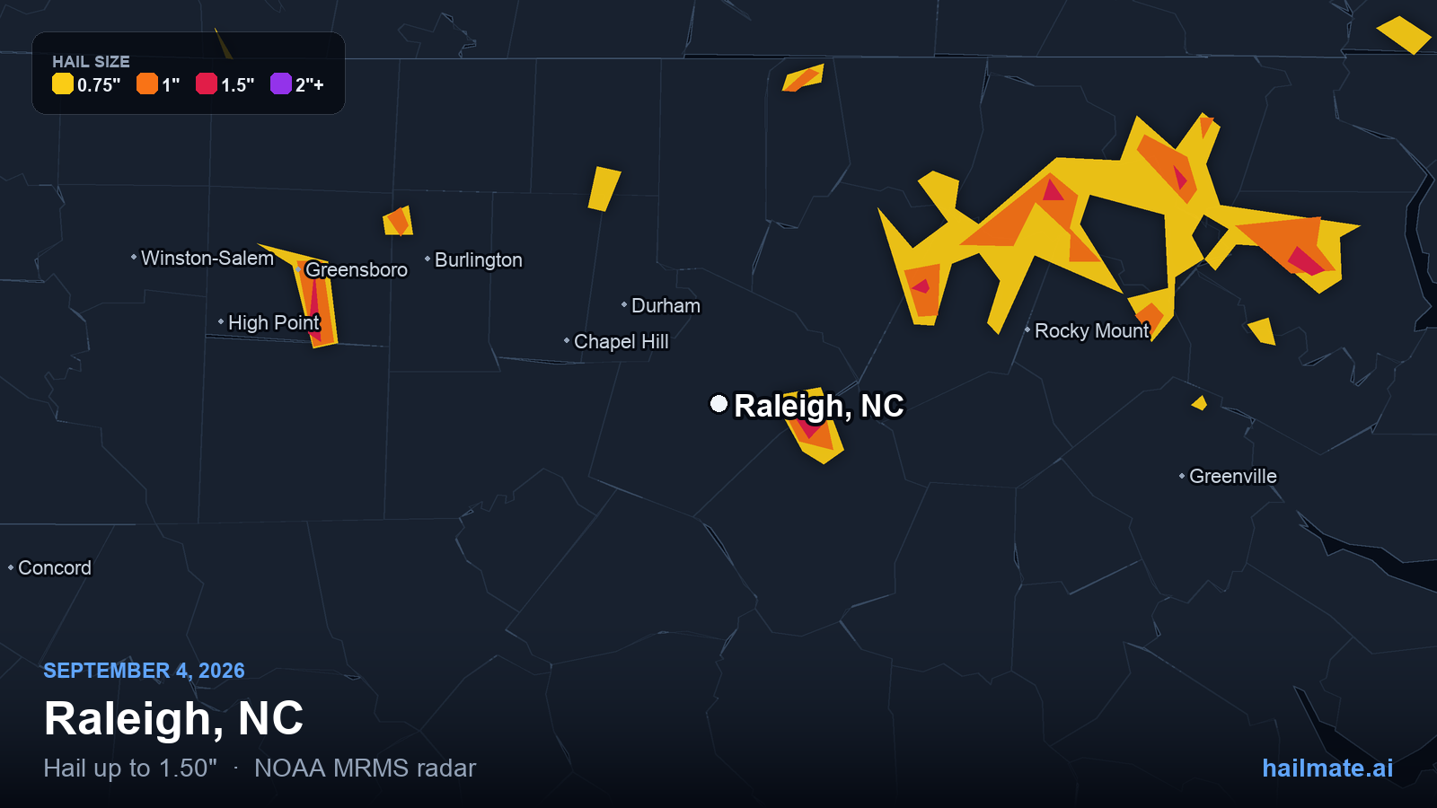 Hail swath map for Raleigh, NC on September 4, 2026 showing 1.50 inch hail.