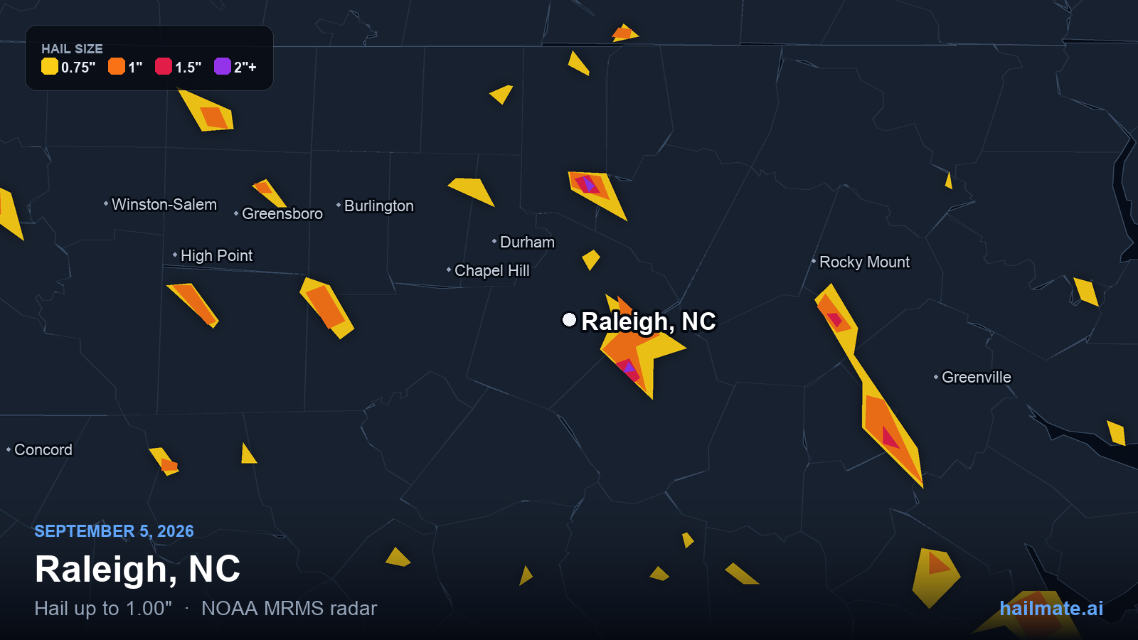 Hail swath map for Raleigh, NC on September 5, 2026 showing 1.00 inch hail.