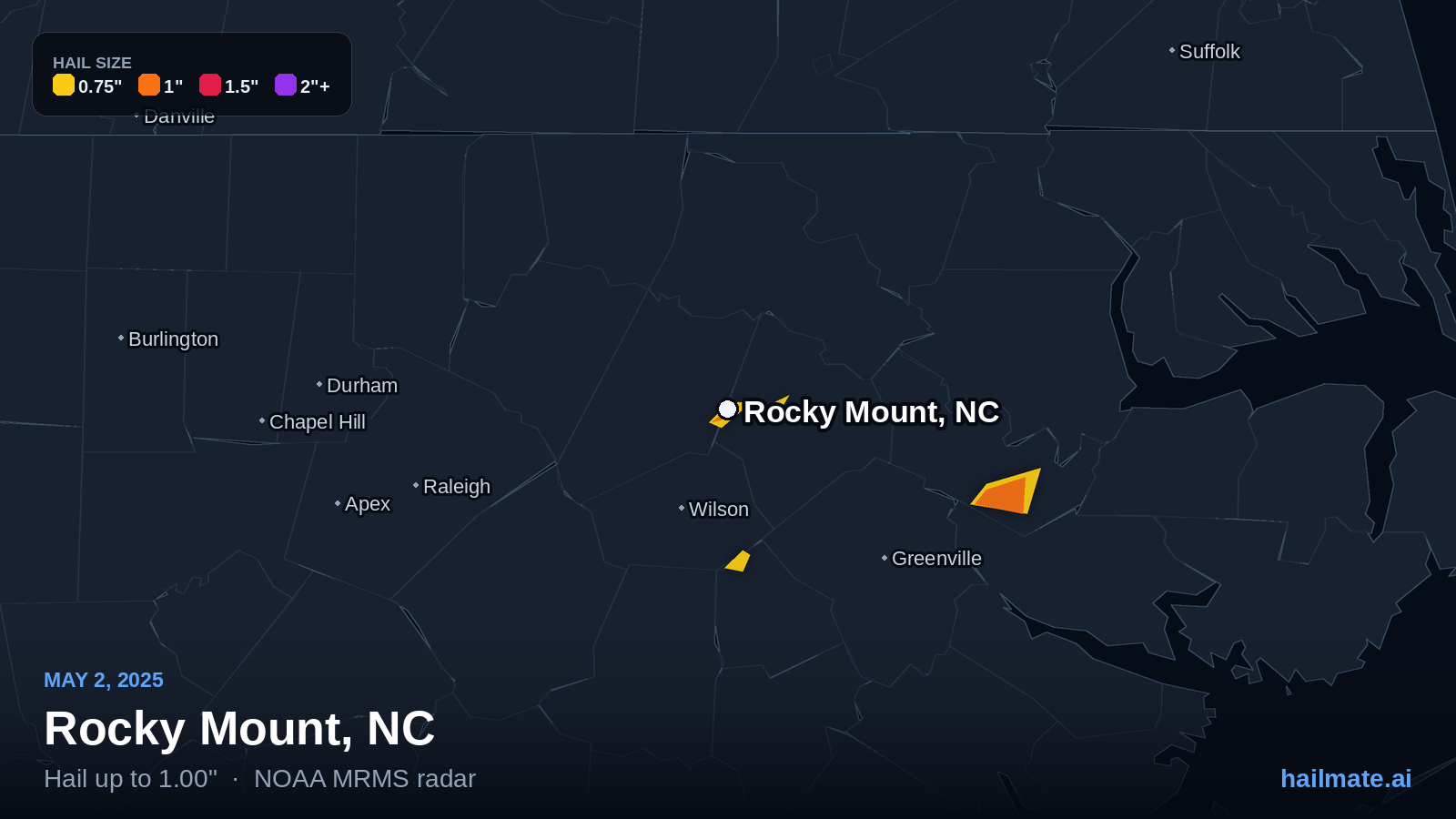 Hail swath map for Rocky Mount, NC on May 2, 2025 showing 1.00 inch hail.