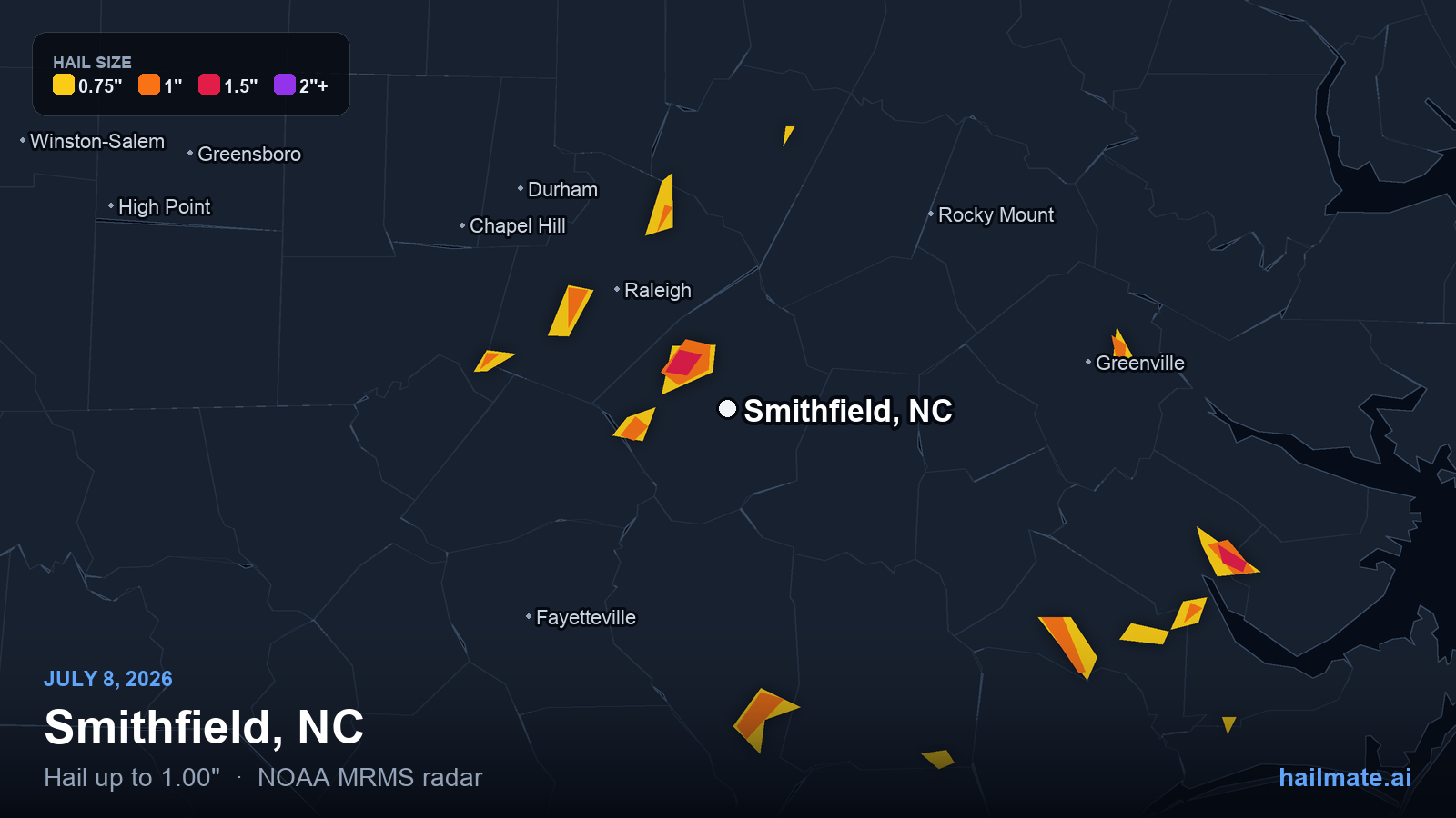 Hail swath map for Smithfield, NC on July 8, 2026 showing 1.00 inch hail.