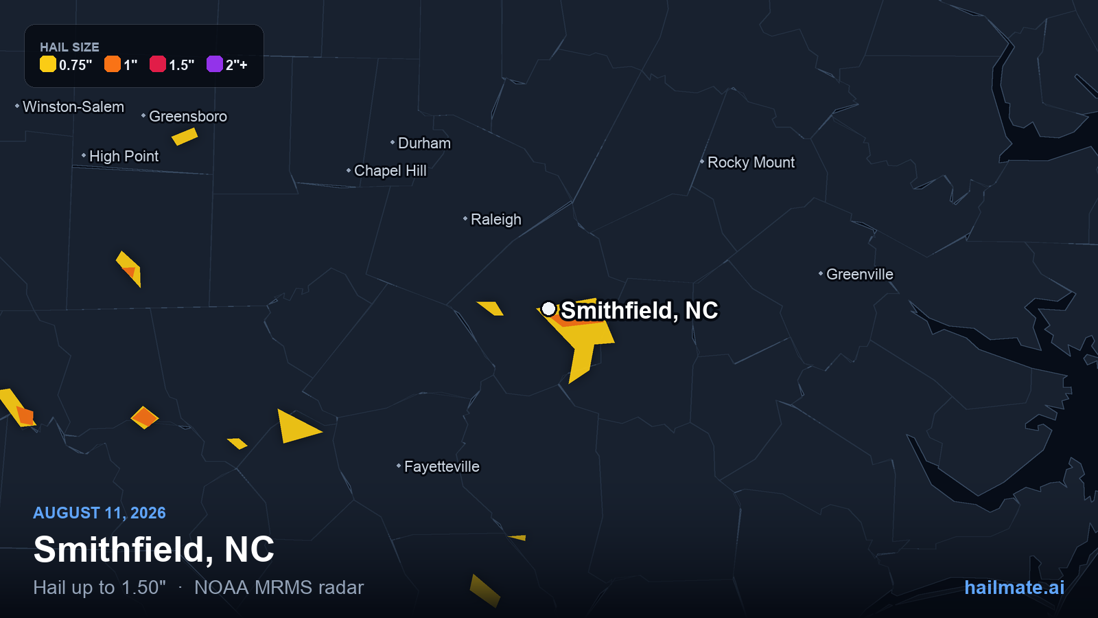 Hail swath map for Smithfield, NC on August 11, 2026 showing 1.50 inch hail.