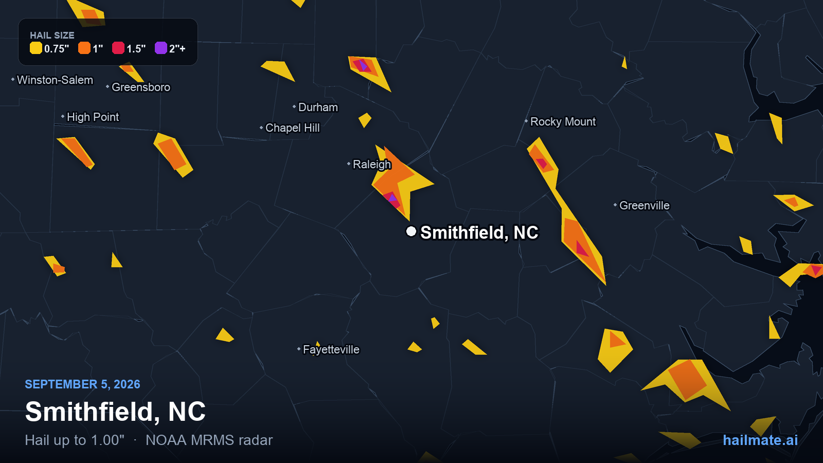 Hail swath map for Smithfield, NC on September 5, 2026 showing 1.00 inch hail.