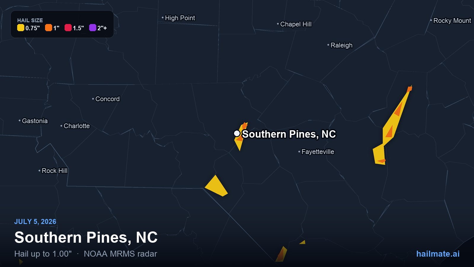 Hail swath map for Southern Pines, NC on July 5, 2026 showing 1.00 inch hail.
