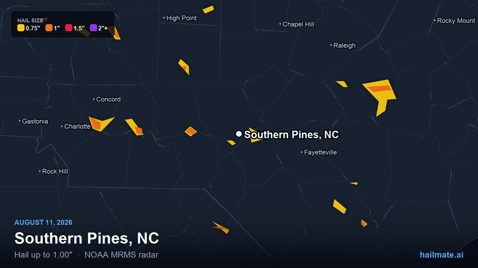 Hail swath map for Southern Pines, NC on August 11, 2026 showing 1.00 inch hail.
