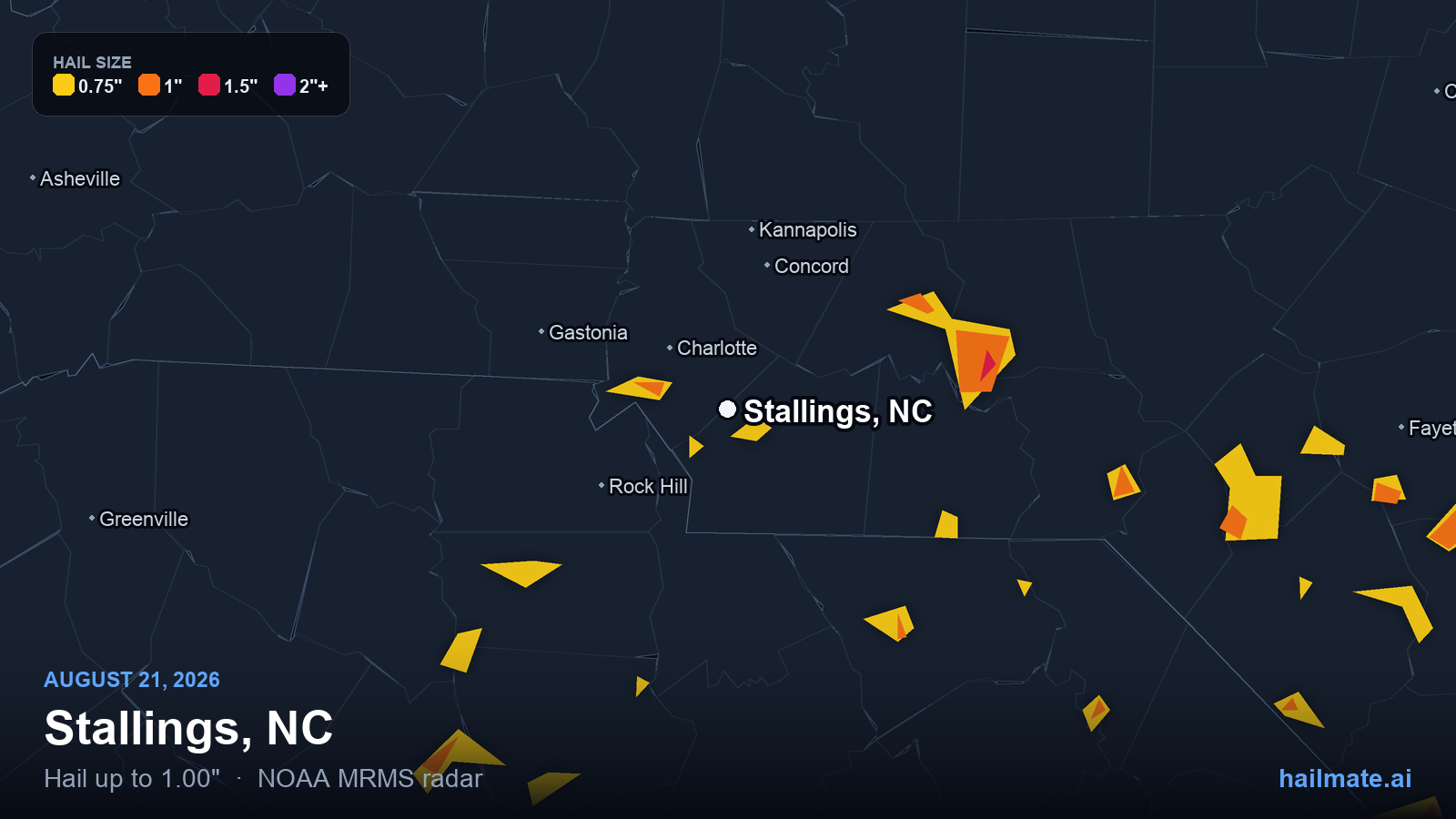 Hail swath map for Stallings, NC on August 21, 2026 showing 1.00 inch hail.