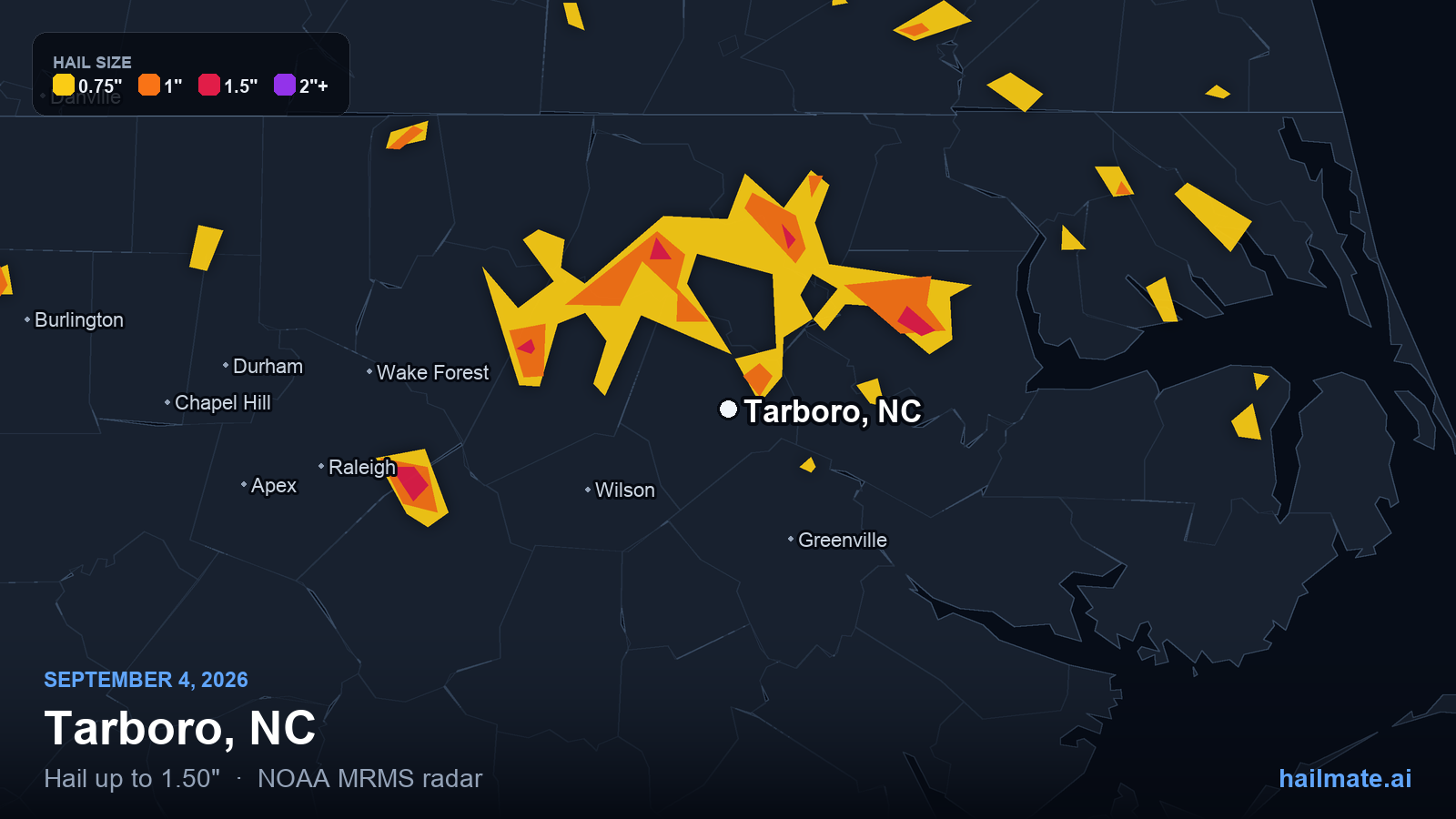 Hail swath map for Tarboro, NC on September 4, 2026 showing 1.50 inch hail.