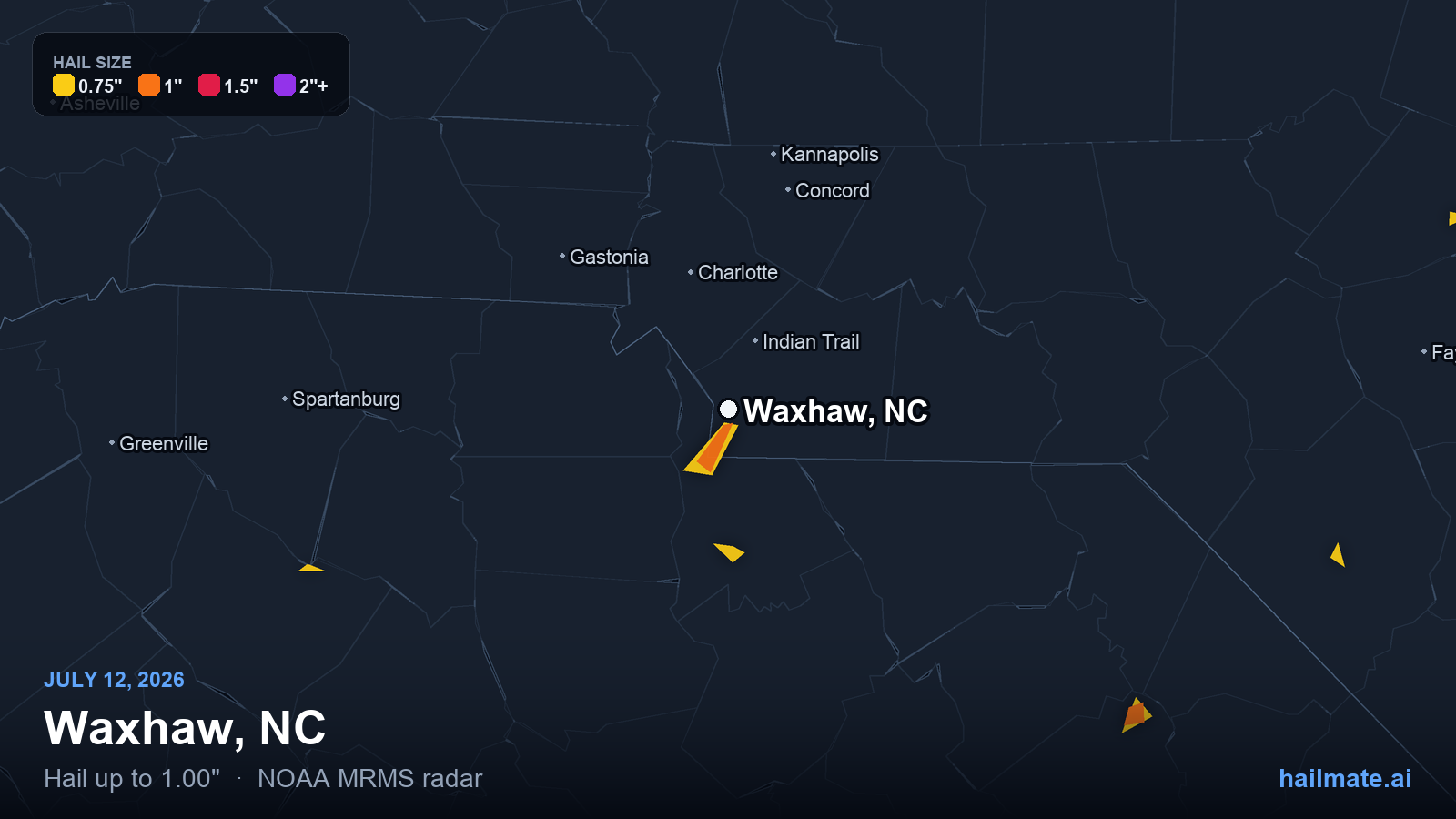 Hail swath map for Waxhaw, NC on July 12, 2026 showing 1.00 inch hail.