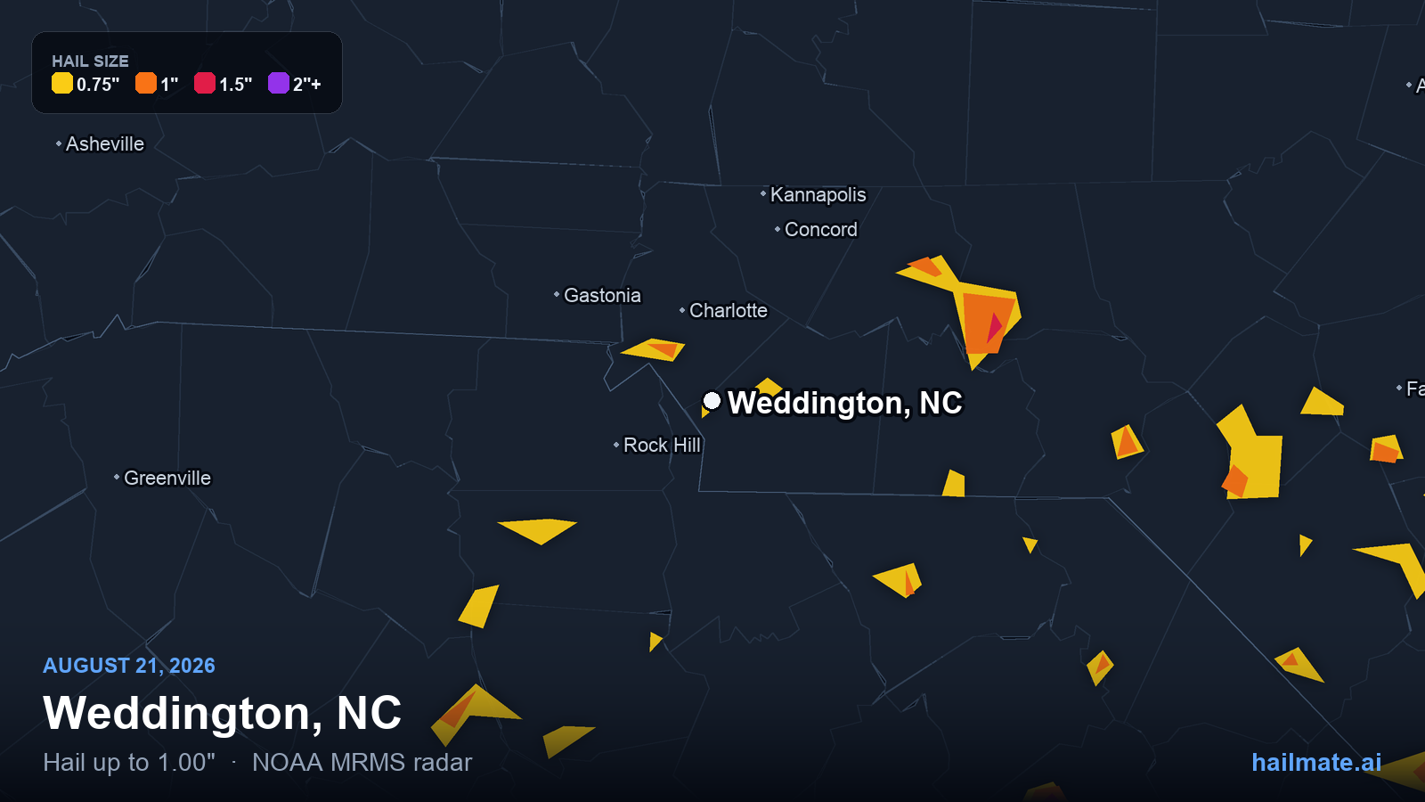 Hail swath map for Weddington, NC on August 21, 2026 showing 1.00 inch hail.