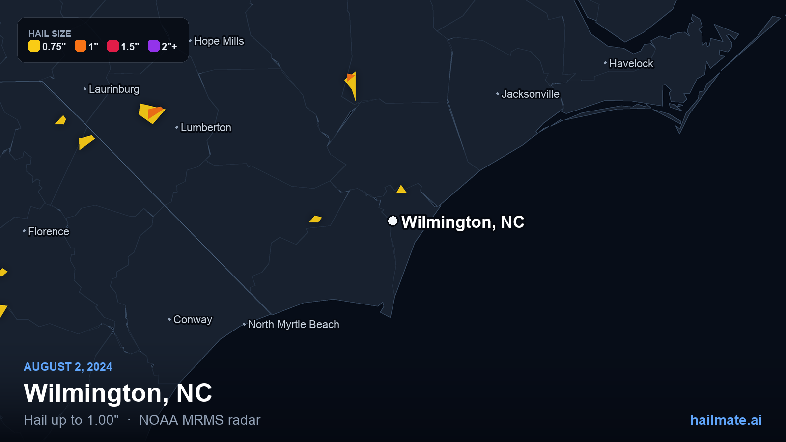 Hail swath map for Wilmington, NC on August 2, 2024 showing 1.00 inch hail.