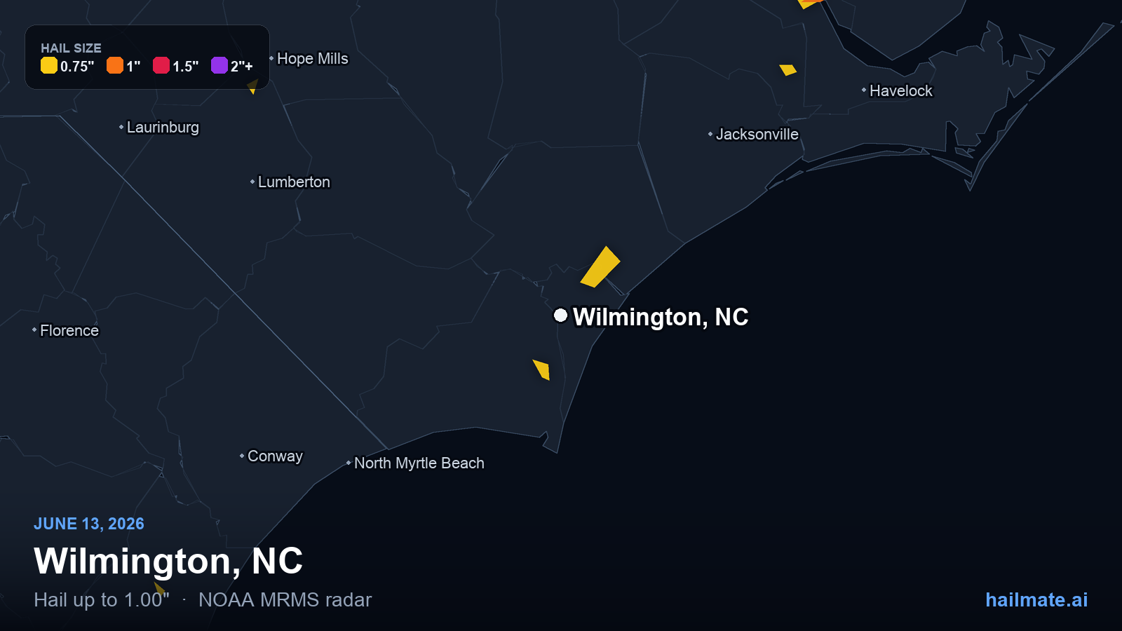 Hail swath map for Wilmington, NC on June 13, 2026 showing 1.00 inch hail.