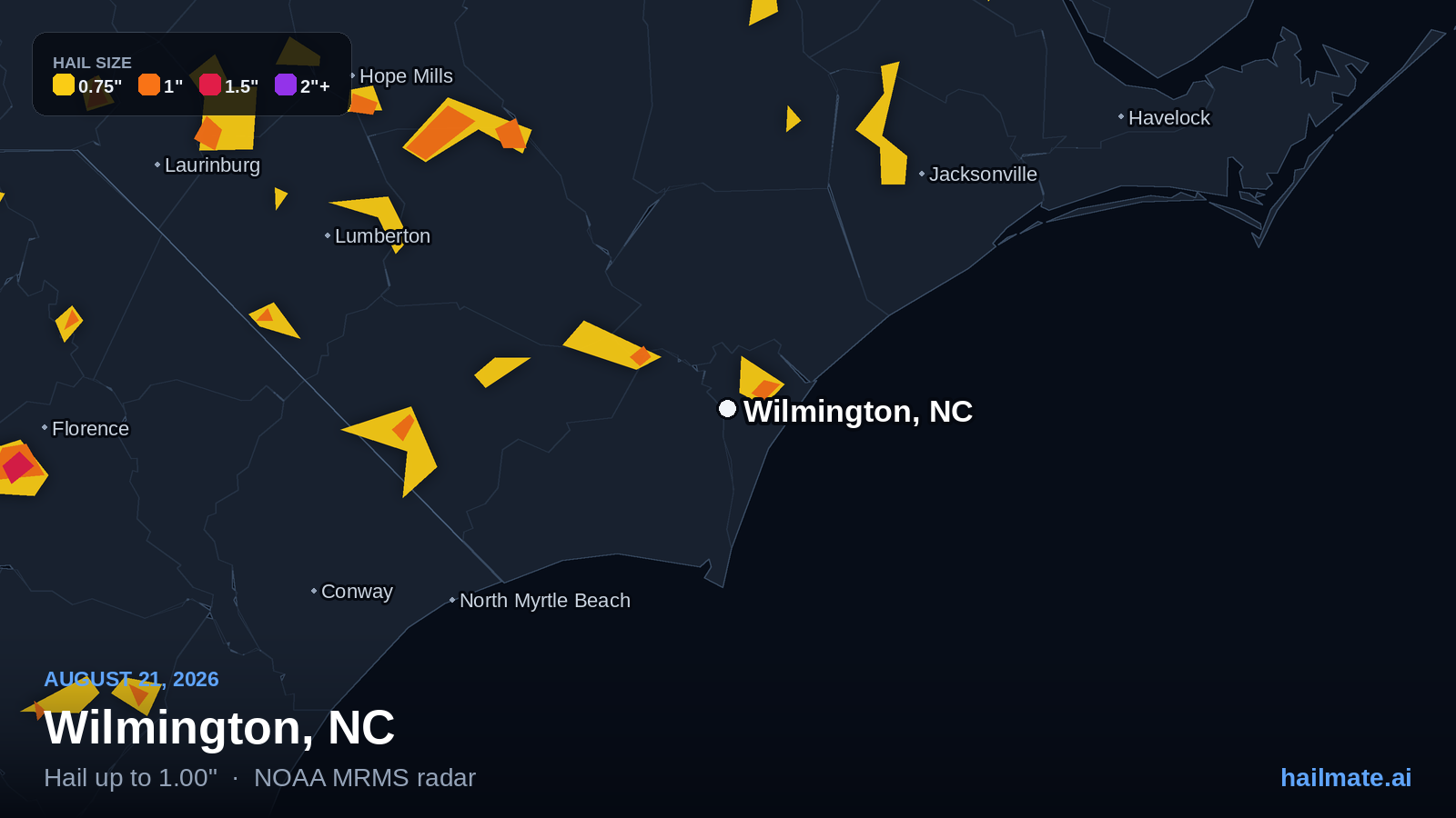 Hail swath map for Wilmington, NC on August 21, 2026 showing 1.00 inch hail.