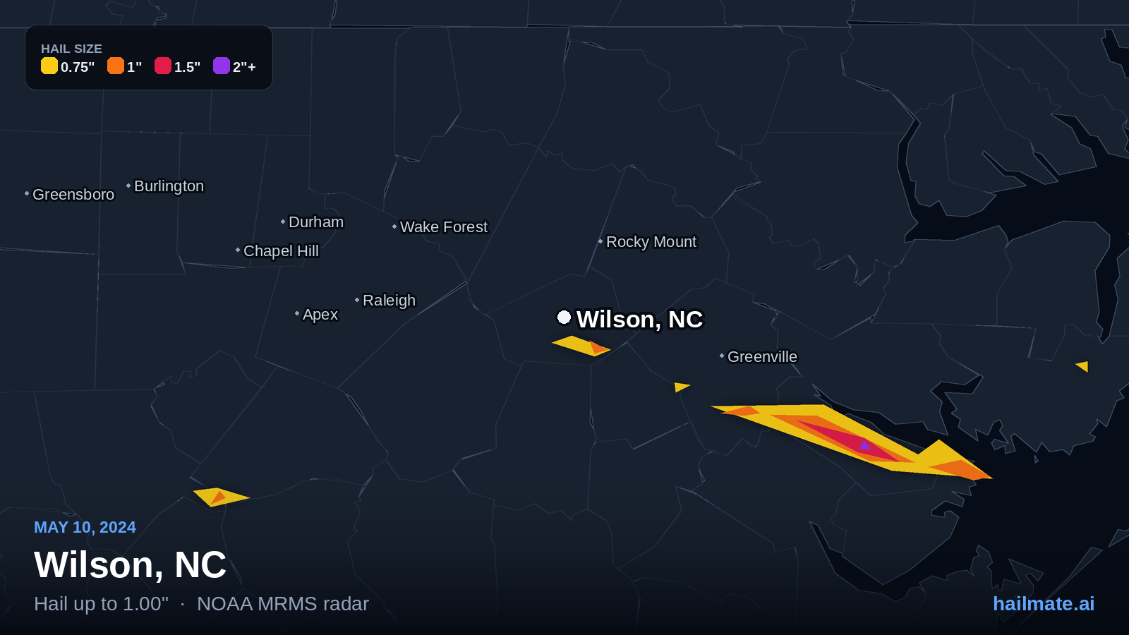Hail swath map for Wilson, NC on May 10, 2024 showing 1.00 inch hail.
