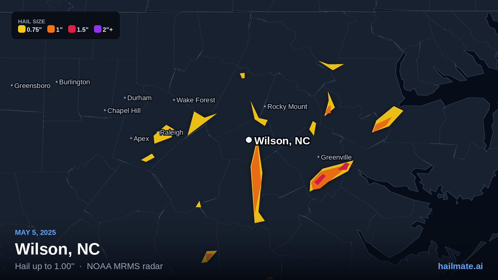 Hail swath map for Wilson, NC on May 5, 2025 showing 1.00 inch hail.