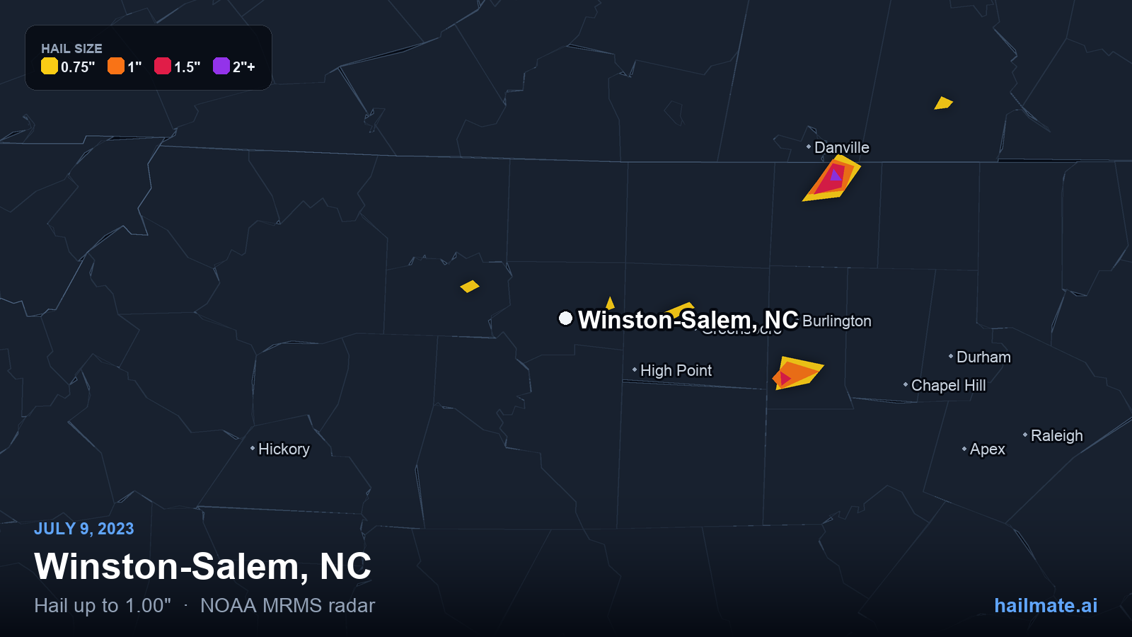 Hail swath map for Winston-Salem, NC on July 9, 2023 showing 1.00 inch hail.