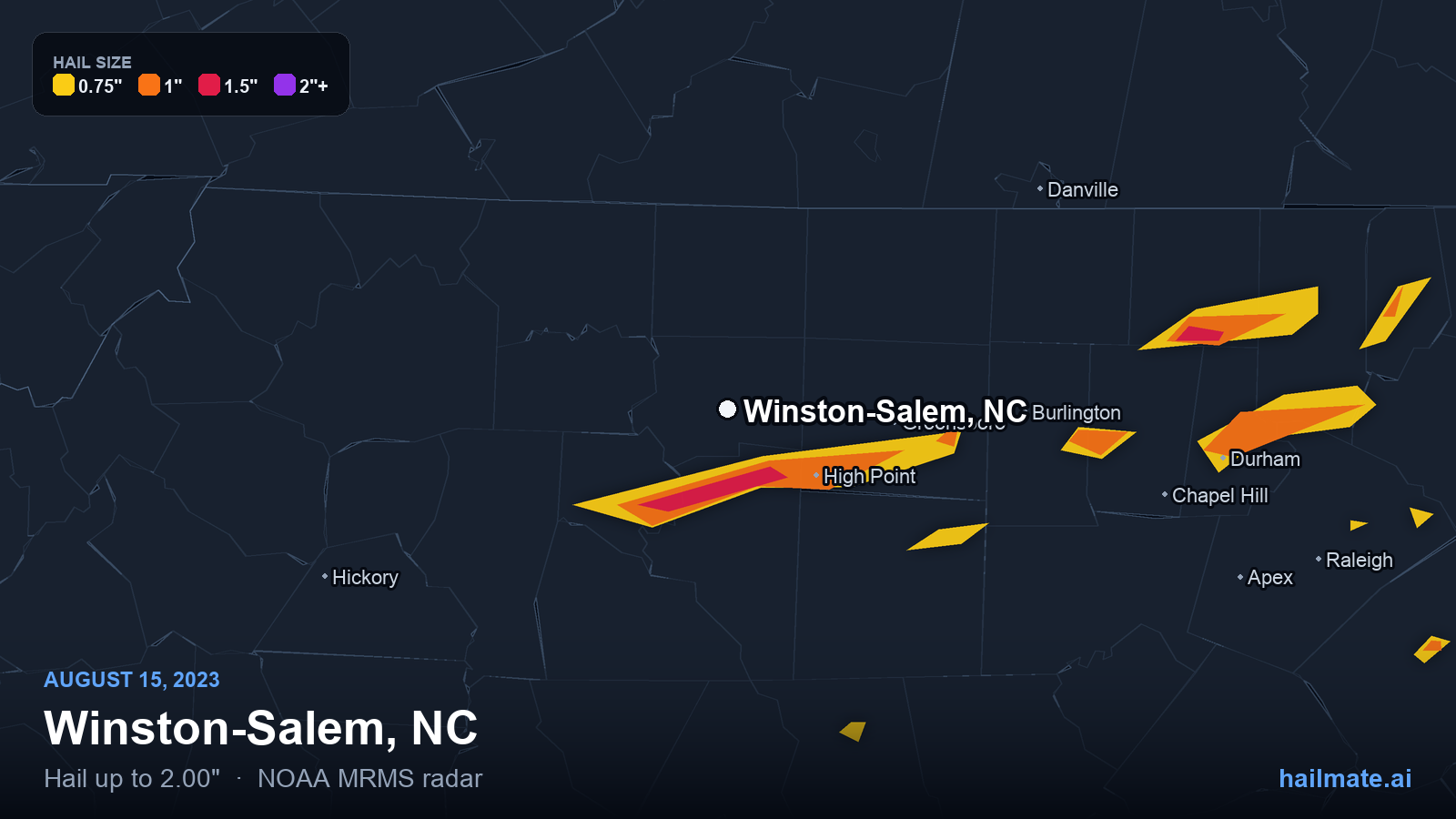 Hail swath map for Winston-Salem, NC on August 15, 2023 showing 2.00 inch hail.