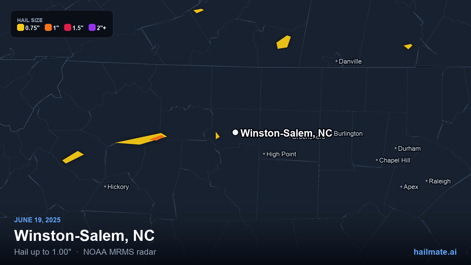 Hail swath map for Winston-Salem, NC on June 19, 2025 showing 1.00 inch hail.